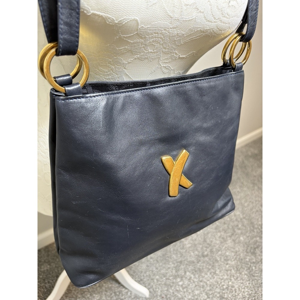 Vtg 90s Paloma Picasso Dk Navy Blue Leather Shoulder Handbag~Italy~Gold X Logo‎